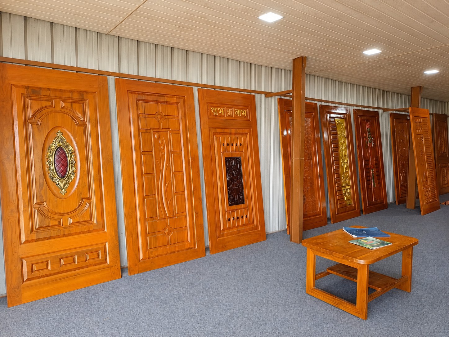 Wooden door installed in a warm interior space